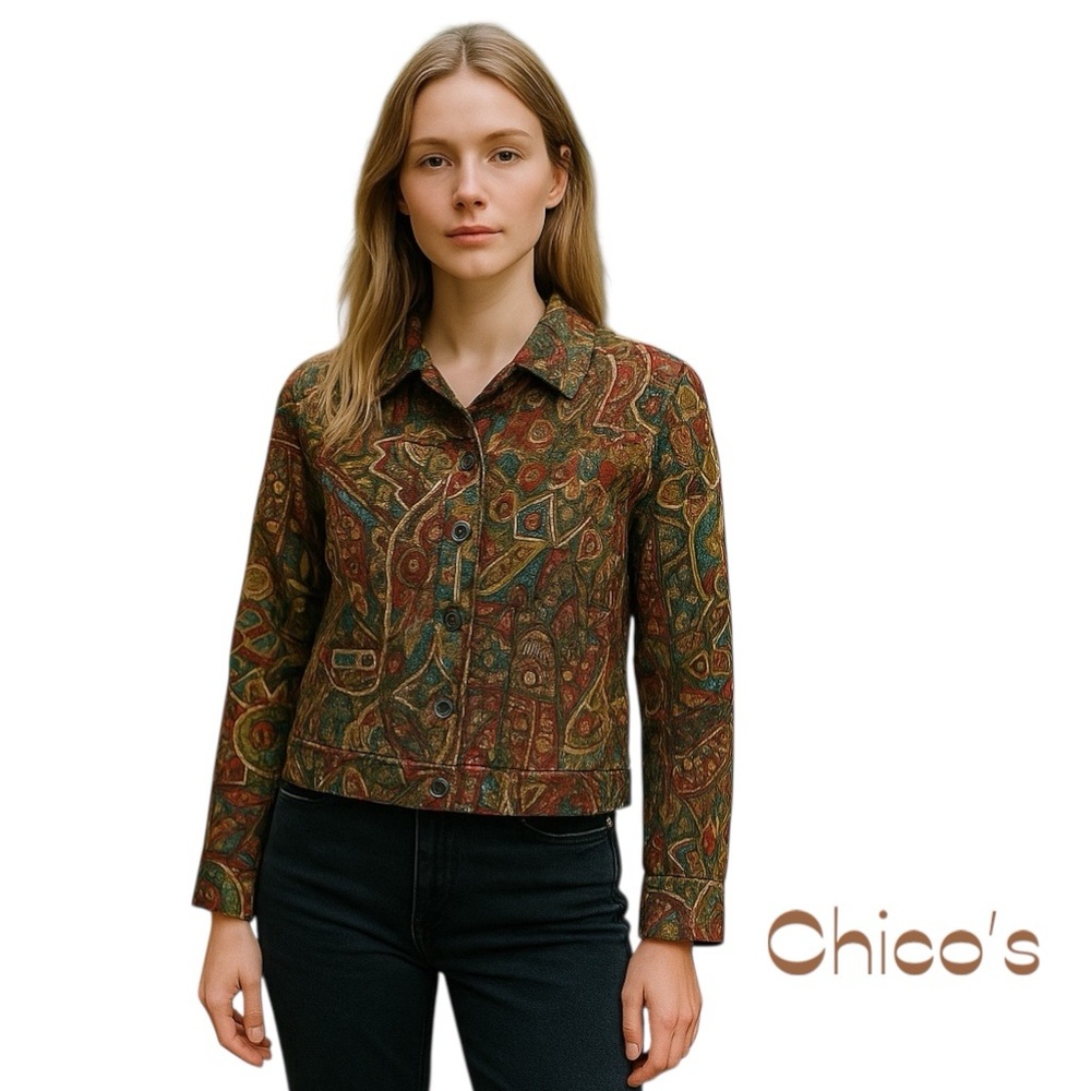 Chico's Lime Brown Burgundy Abstract Jacket Size 8